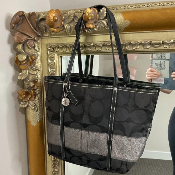 Y2K Coach Jacquard Signature Shoulder Handbag Purse Leather Strap One Size Black - Picture 5 of 10